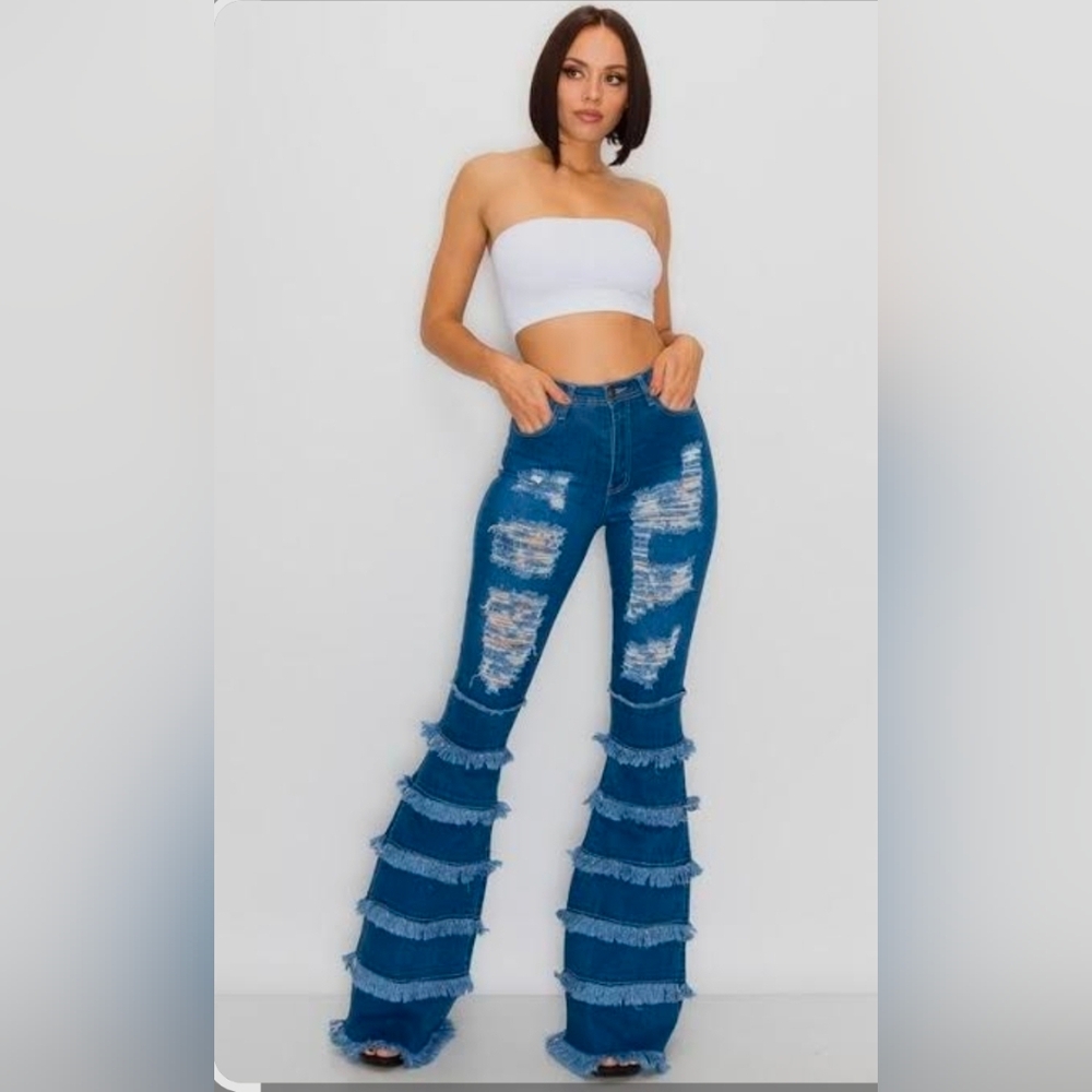 SWANK Distressed Tiered Fringe Flare Jeans in Dark Blue